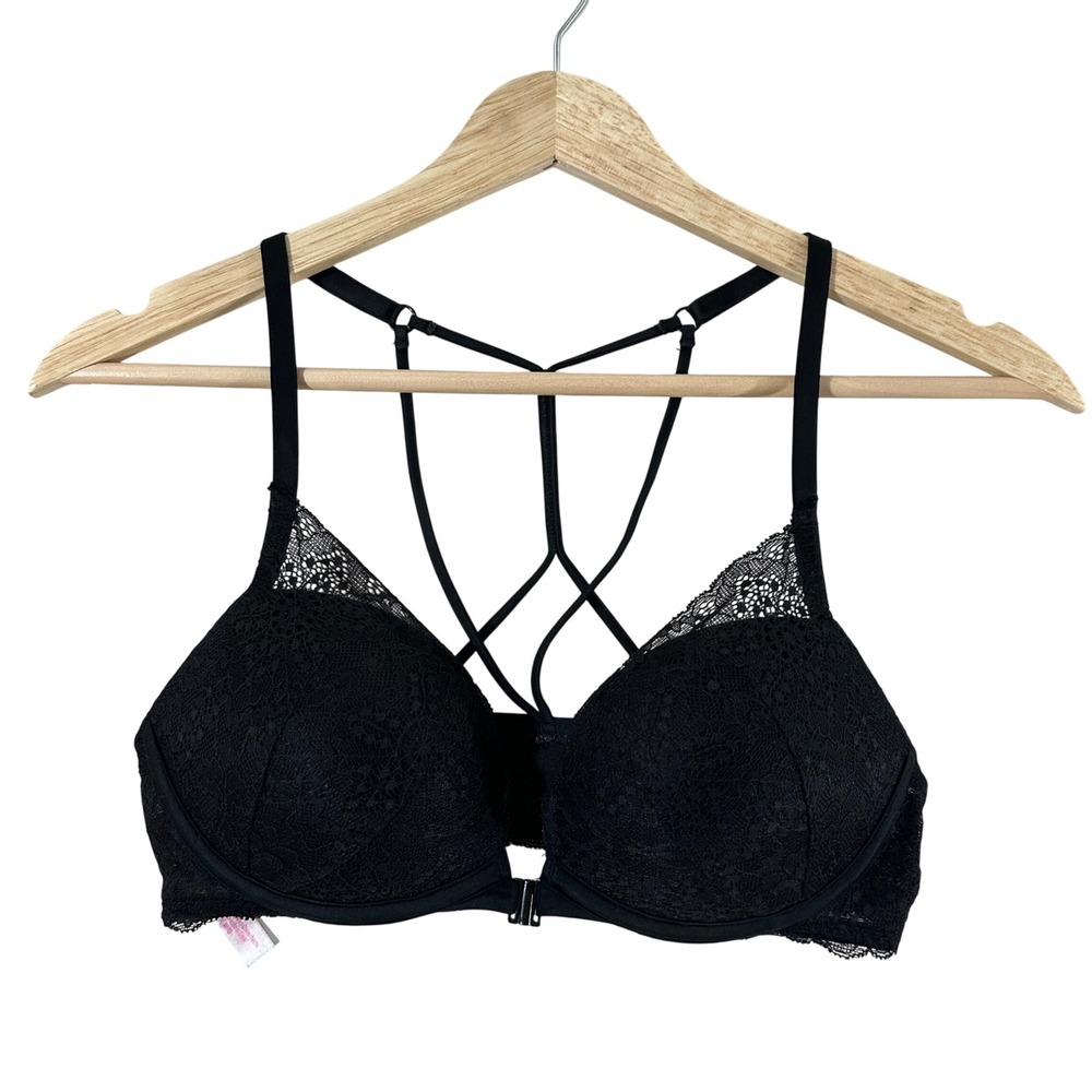 Victoria's‎ Secret PINK Black Lace Date Push-Up Front Close Caged Bra 34B